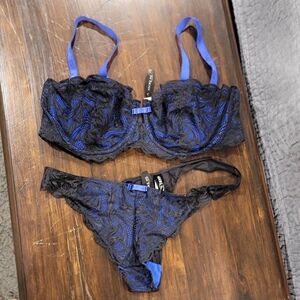 Adore Me Black and Blue Lace Bra Set